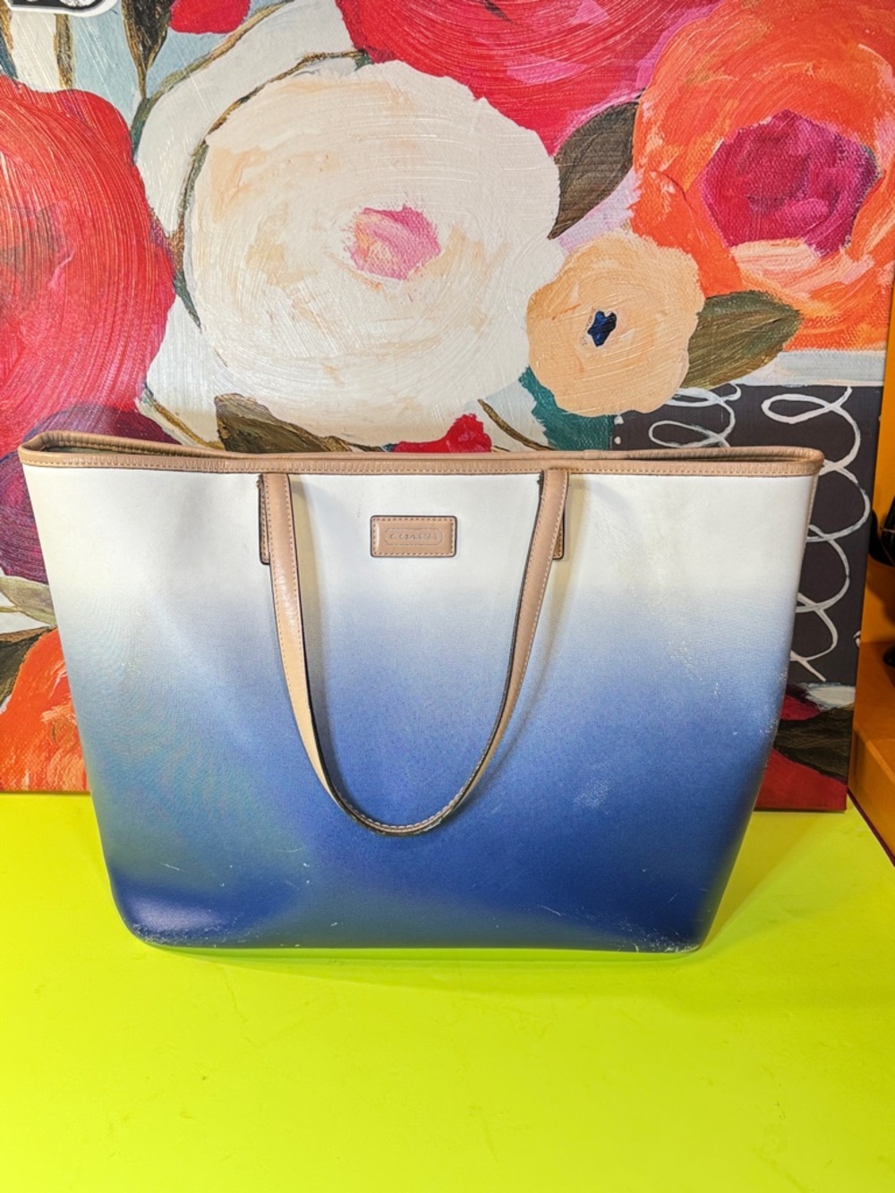 Coach Gradient Tote F30561 Ombre Blue and White Tote Bag with Tan Trim - Picture 6 of 16